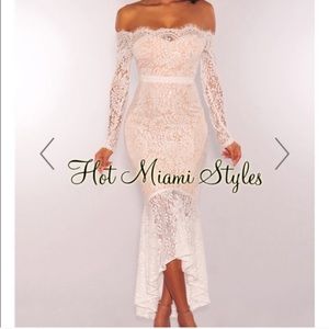 White lace Fashion Nova ofd the shoulder dress
